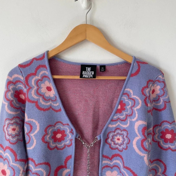 The Ragged Priest Free Bird Knit Top Open Front Cardigan Purple Pink Floral XS - Picture 4 of 8